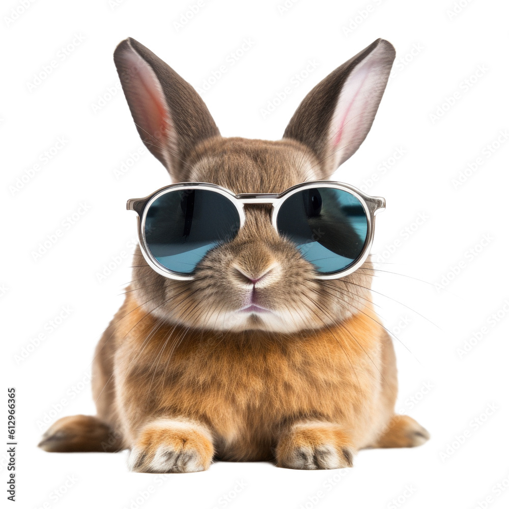 Funny rabbit wearing sunglasses on a transparant background, cut out clipart for print and presentation