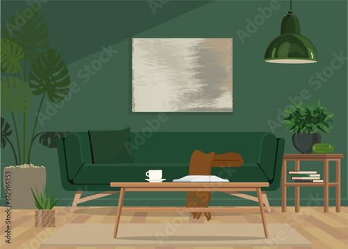 Stylish living room in house with modern retro interior design, velvet sofa, carpet on floor, brown wooden furniture, plants, book, lamp and personal accessories in home decor.