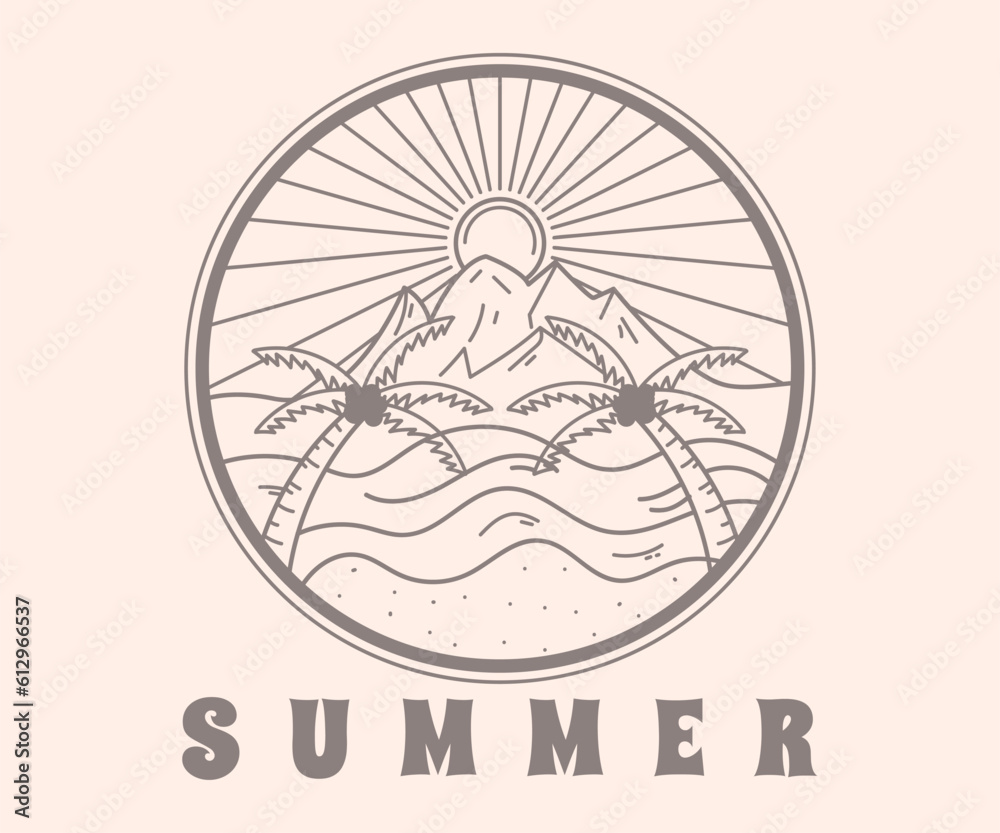 Monoline Logo with Adventure and Summer Images. Perfect for T-shirt Designt Monoline Logo with Adventure and Summer Images. Perfect for T-shirt Designt