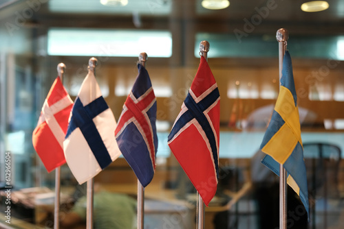 flags of scandinavic countries denmark, iceland, faroer, norway and sweden photo