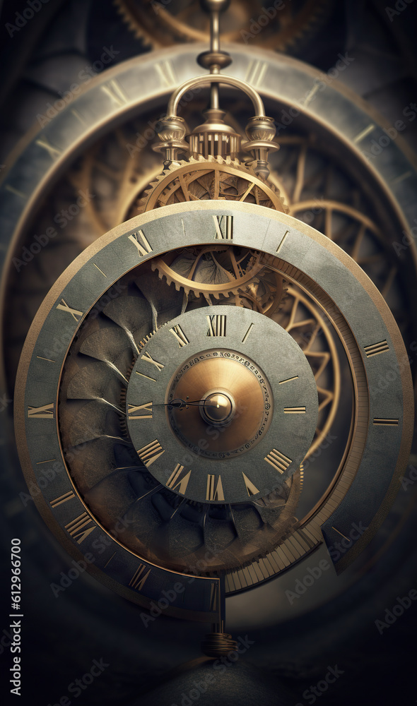 A close up of a clock with gears. Generative AI. Surreal artificial intelligence with fibonacci clock.