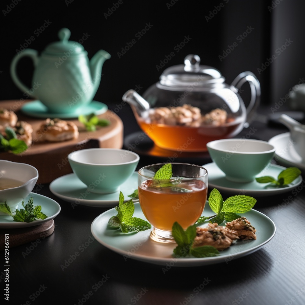 Teapot Filled with Hot Oolong Tea and Tea Cups Teapot Filled with Hot Oolong Tea and Tea Cups