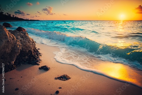 During a summer vacation, a tropical beach and blue sea at sunset. Generative AI