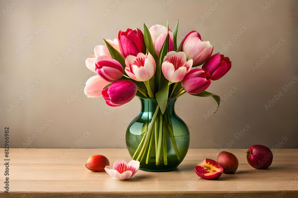 Tulip bouquet in a vase on a beige background
