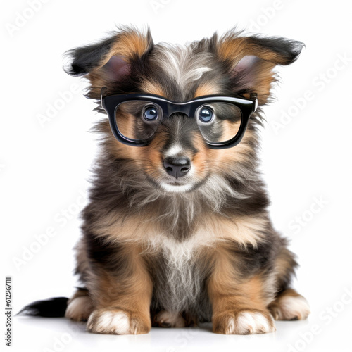 Serious puppy wearing glasses on a transparant background, cut out clipart for print and presentation