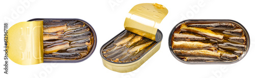 Sprats in oil, canned food opened, isolated on transparent background