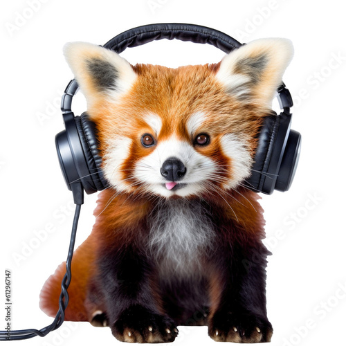 Funky red panda wearing headphones on a transparant background, cut out clipart for print and presentation