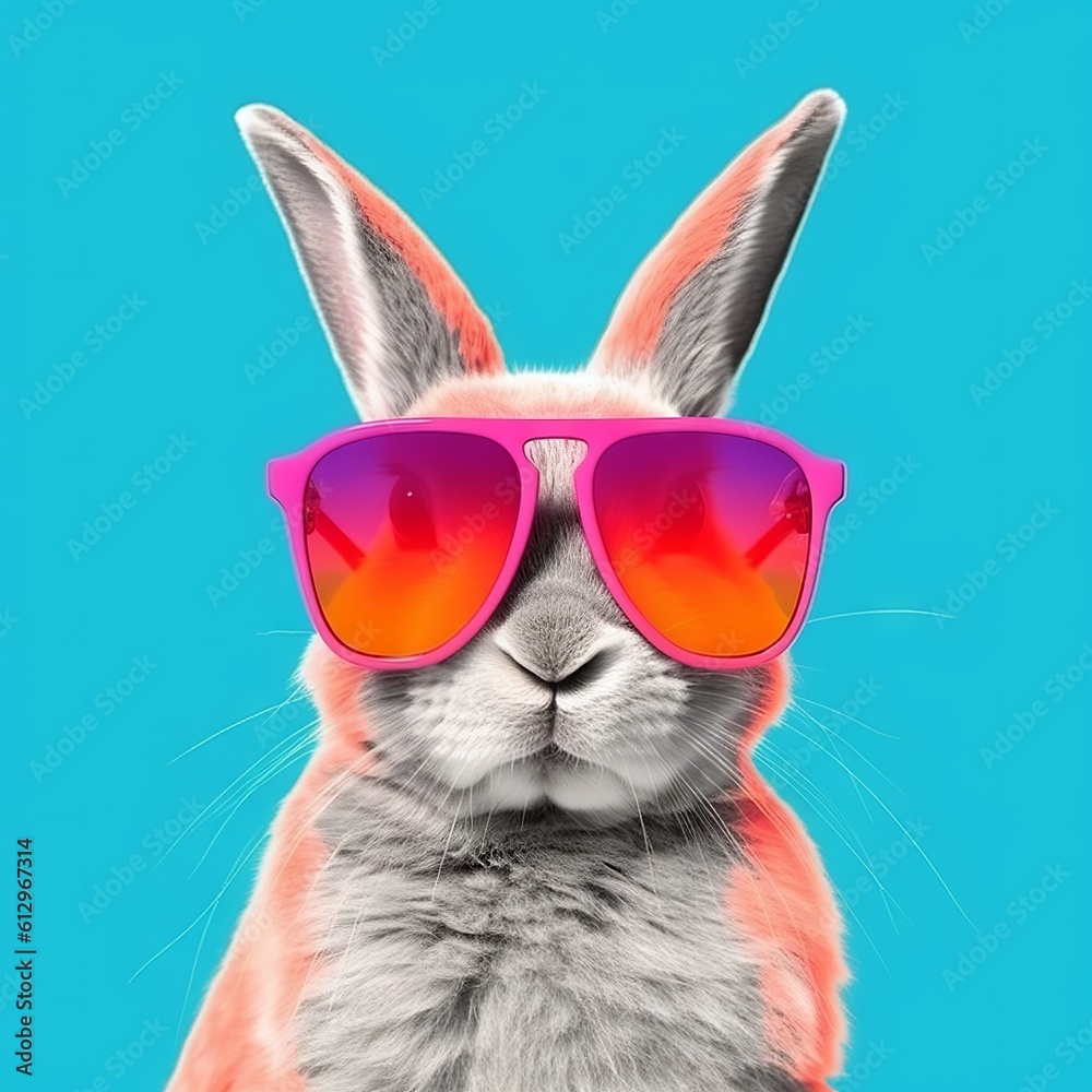 Cool bunny with sunglasses on colorful background  