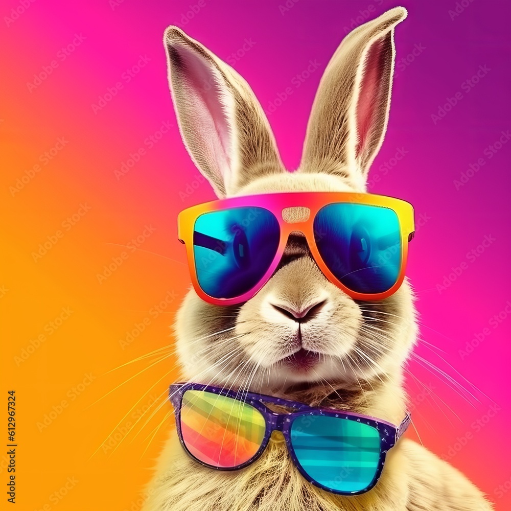 Fototapeta premium Cool bunny with sunglasses on colorful background 