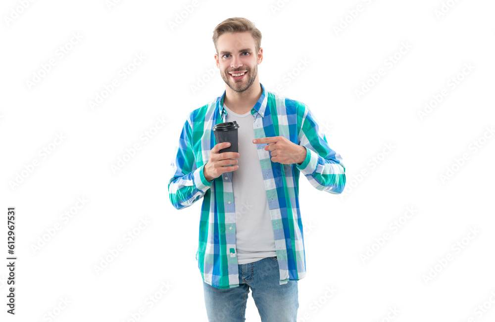 millennial man with coffee on background, point finger. photo of millennial man with coffee. millennial man with coffee on background, point finger. photo of millennial man with coffee.