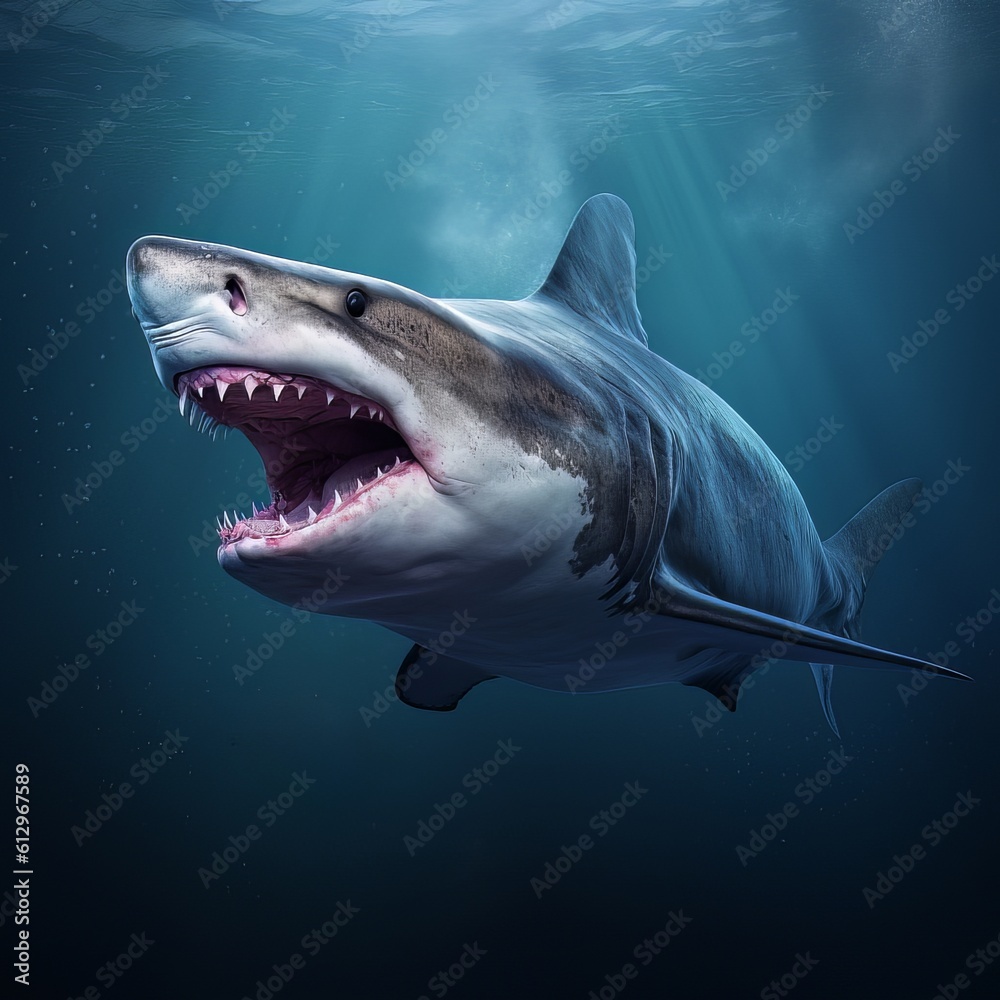 Naklejka premium Model of a dangerous predatory white shark with open mouth underwater AI Generative AI