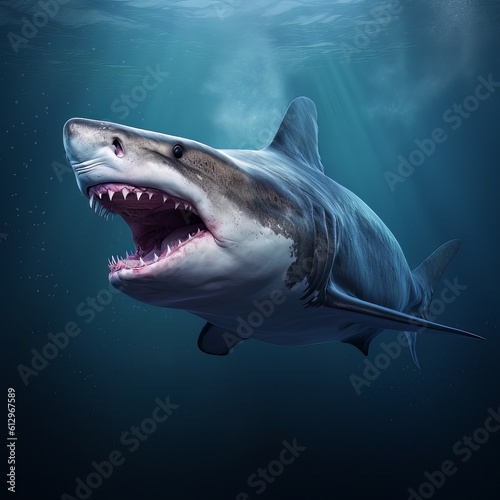 Model of a dangerous predatory white shark with open mouth underwater AI Generative AI