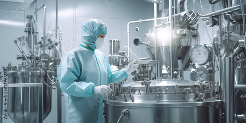 Biotechnology production facility, pharma. Clean production room with worker in protective suit. Generative AI image.
