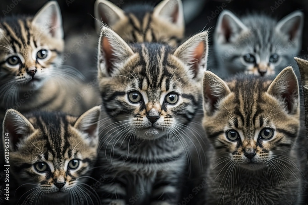 4K close-up of many cute kittens. Generative AI