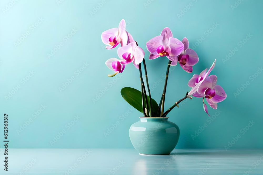 Orchid arrangement in a vase on a light blue background