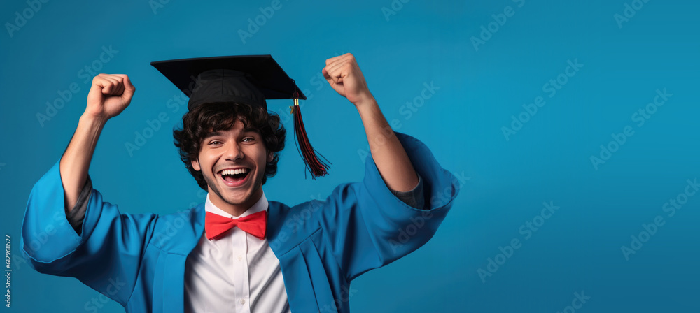 Man in Cap and Gown for Graduation Banner with Space for Copy. Generative AI Man in Cap and Gown for Graduation Banner with Space for Copy. Generative AI