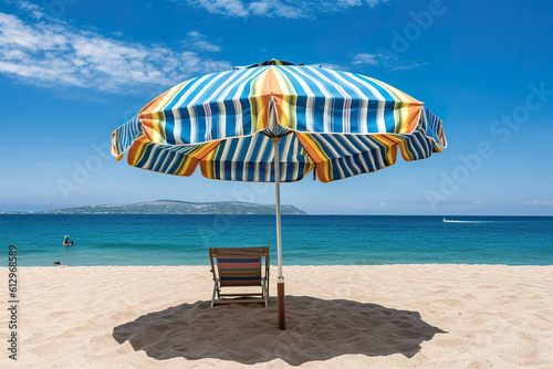 A chair and umbrella on a beach near the ocean. Generative AI.