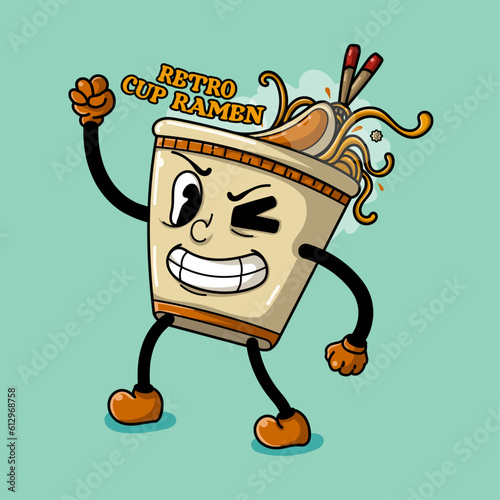 smiling cup ramen illustration in retro cartoon style