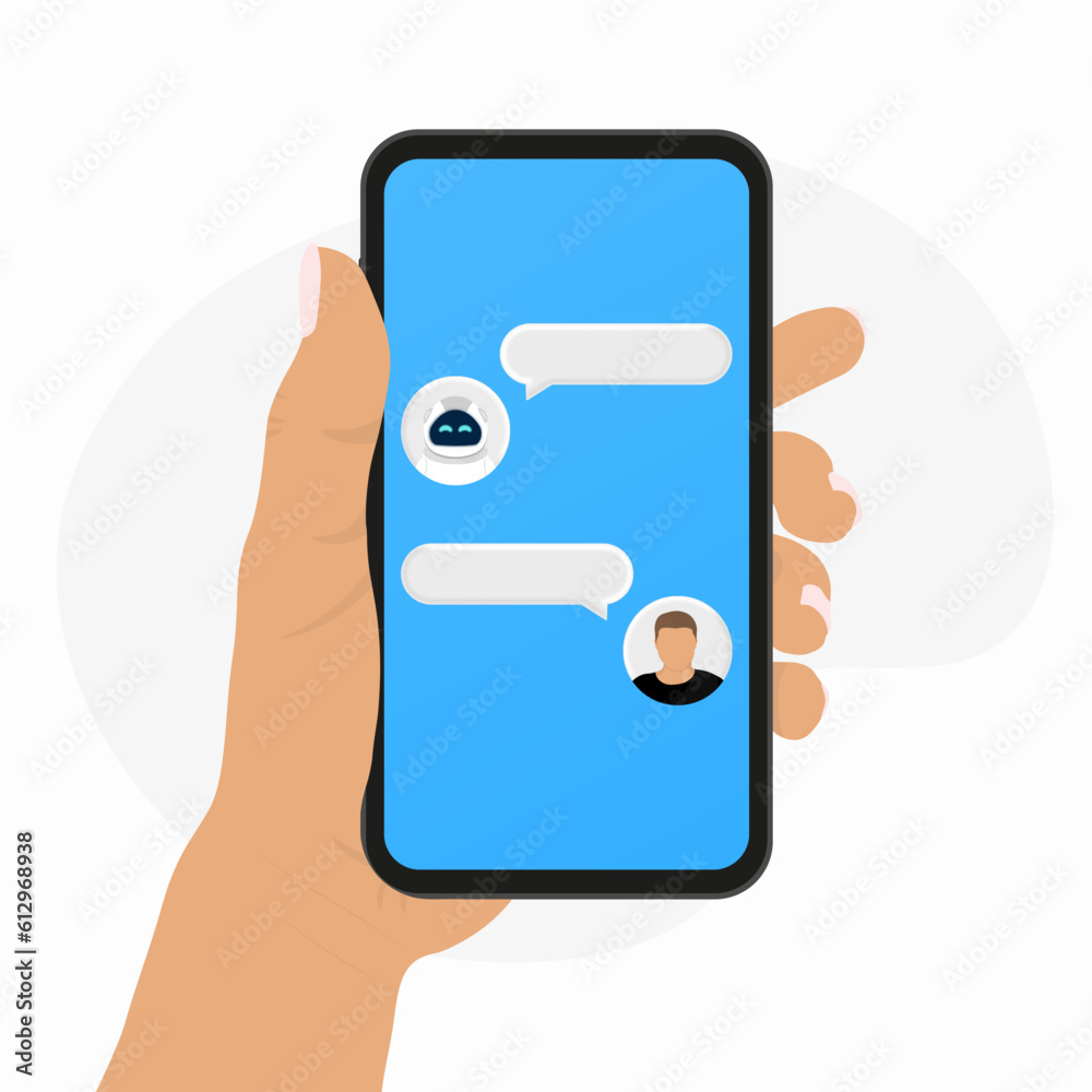 Chatbot vector flat banner design. Business banner template with illustration of man chatting with chat bot in smartphone. Vector illustration.