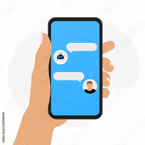 Chatbot vector flat banner design. Business banner template with illustration of man chatting with chat bot in smartphone. Vector illustration.