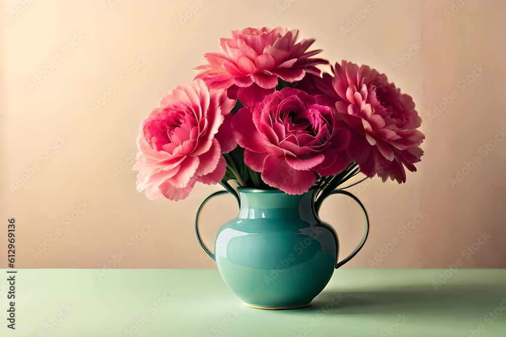 Carnation bouquet in a vase on a light green background
