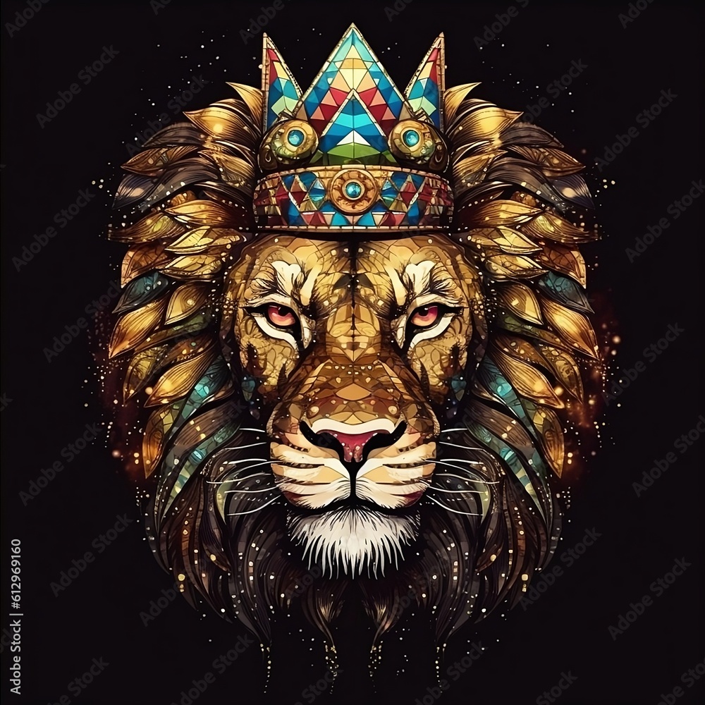 Lion, colorful lion with diamond crown Lion, colorful lion with diamond crown
