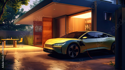 Electric Car Charging in the Driveway of a Modern Home During the Evening  Generative AI