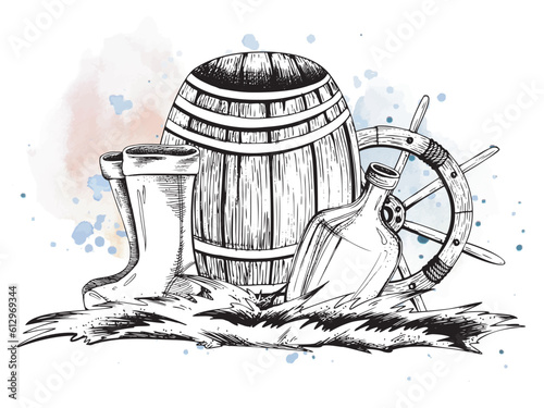 Wooden barrel with a ship's wheel, on the grass with a bottle of rum and rubber boots. EPS hand drawn black and white vector graphic illustration. Isolated composition on a white background