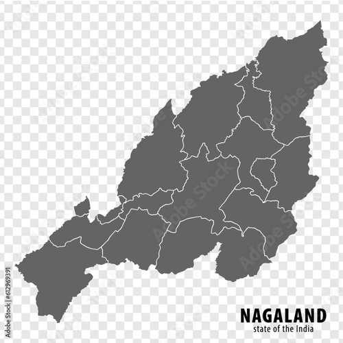 Blank map State Nagaland of India. High quality map Nagaland with municipalities on transparent background for your web site design, logo, app, UI. Republic of India. EPS10.