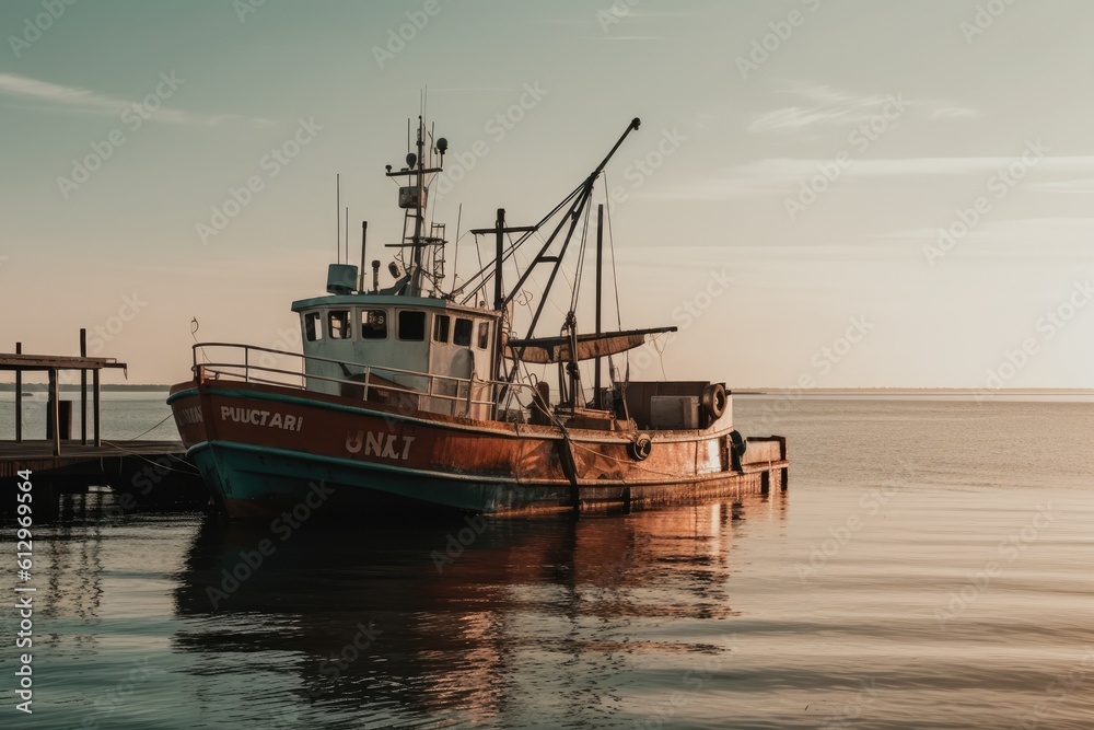 fishing boat docked at a pier in the ocean. Generative AI