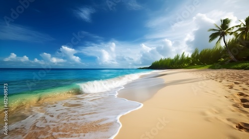 Tropical bliss  mesmerizing sandy beach  sun-kissed palms  and azure seascape