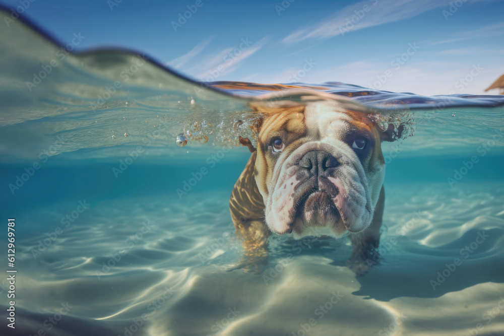 Funny summer concept with English bulldog diving on the tropical beach. AI generative art