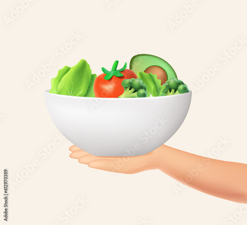 3D Vegetarian concept with healthy fresh diet showing a woman eating salad, bowl of greens and making a choice. 3D render vector illustrations. Healthy lifestyle, nutrition program