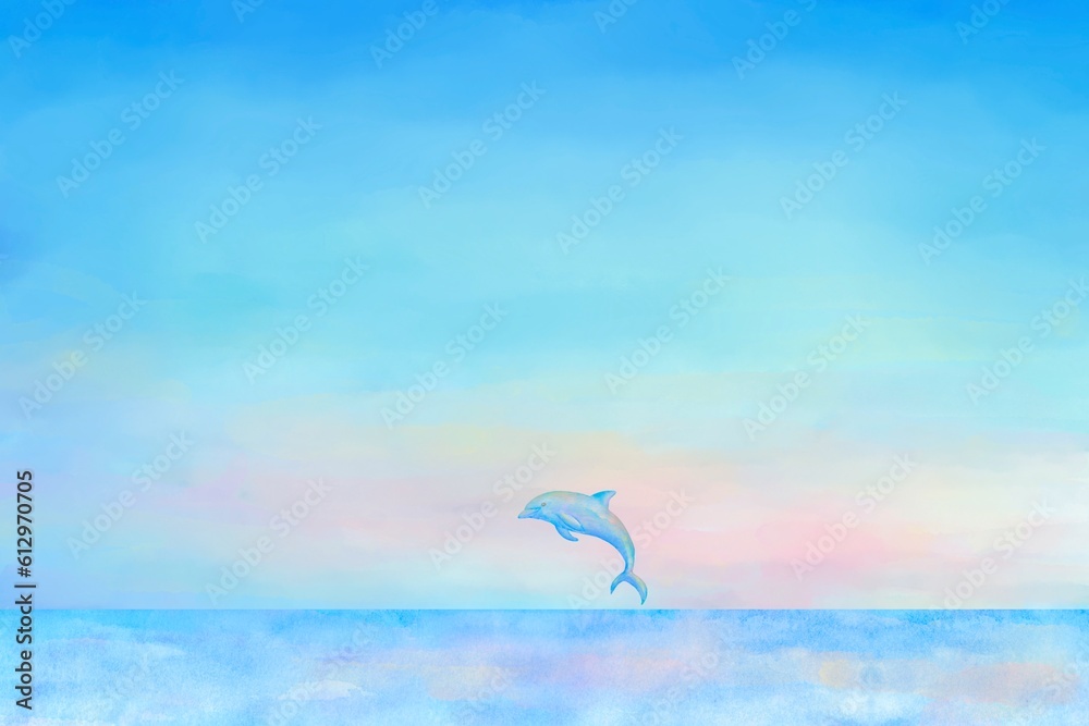 夕暮れの空をバックにジャンプするイルカのおしゃれな水彩イラスト。