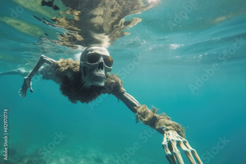 Human skeleton swimming. AI generative art