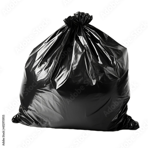 Black plastic trash bag on a white background. Cut out background. Generative AI.
