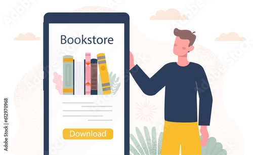 Man with online bookstore concept. Young guy next to smartphone with books and library. Love for literature and reading. Education and training, learning. Cartoon flat vector illustration