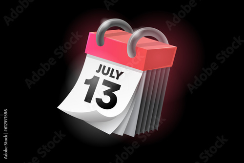 July 13 3d calendar icon with date isolated on black background. Can be used in isolation on any design.