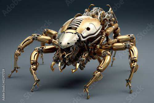 A gold and silver spider made out of metal. Generative AI.