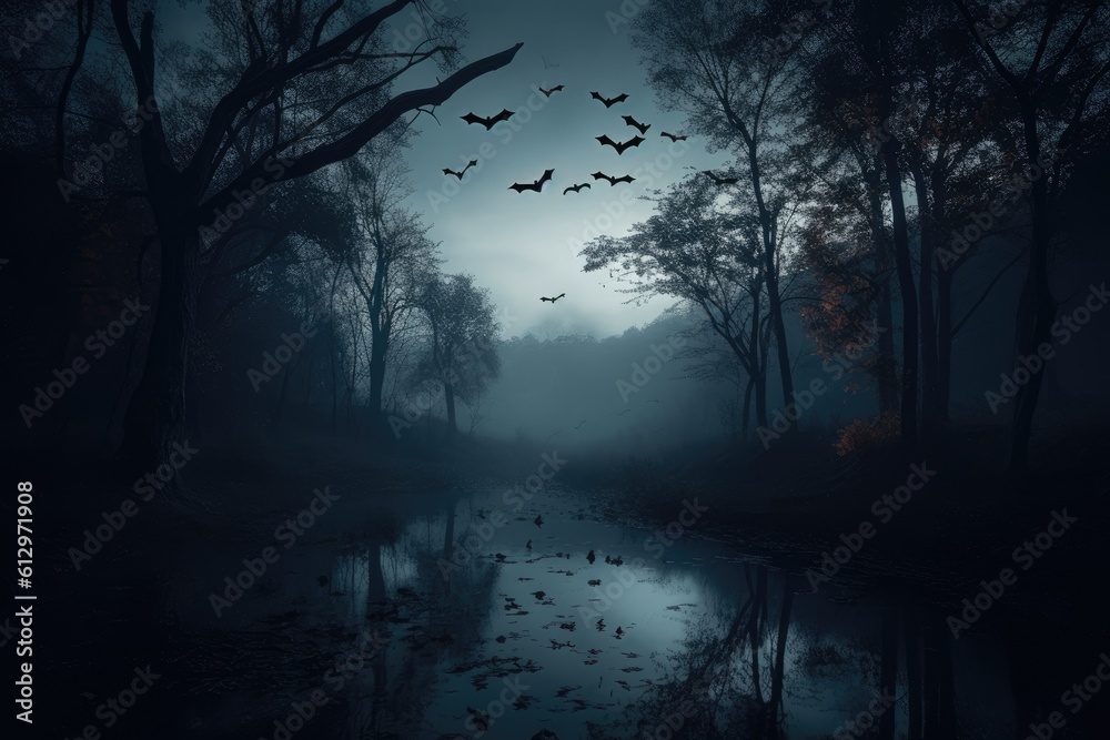 bats in flight over a moonlit lake. Generative AI bats in flight over a moonlit lake. Generative AI