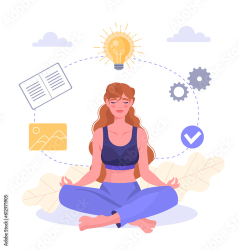 Creative woman in lotus position concept. Young girl meditates with light bulb above her head. Art and creativity. Mental health, psychology and mindfulness. Cartoon flat vector illustration