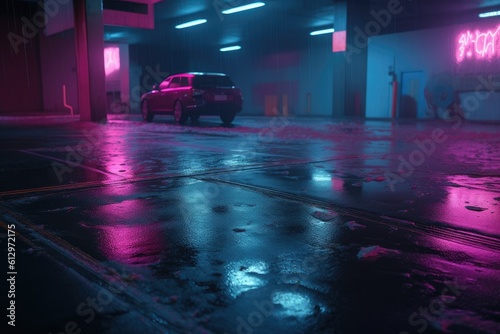 vehicle parked in a dimly lit parking garage at night. Generative AI