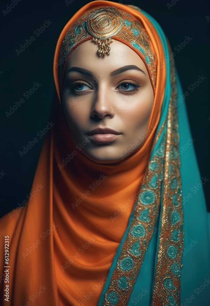 A woman wearing a headscarf and wearing an orange scarf. Generative AI.