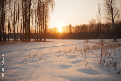 serene winter landscape with snow covered field and trees. Generative AI