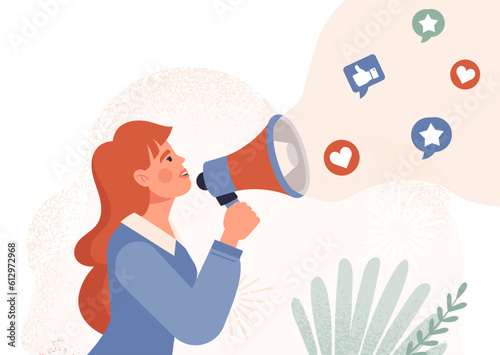 Woman with loudspeaker concept. SMM specialist promotes goods and services in social networks and instant messengers. Marketing and advertising on Internet. Cartoon flat vector illustration