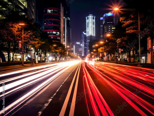 a long exposure creates light trails from traffic in a big city at night - generative ai