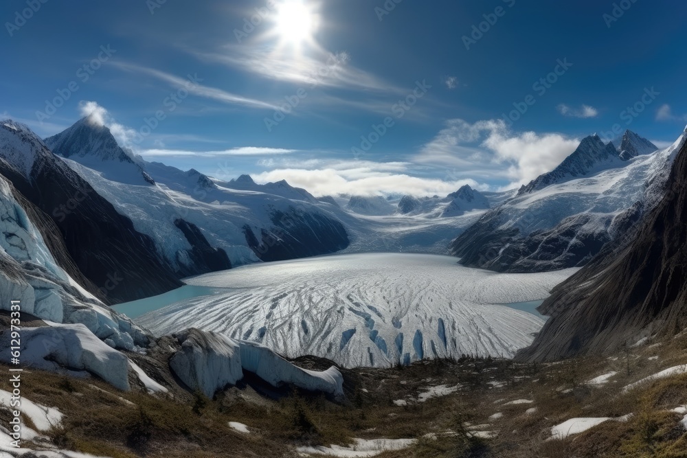 majestic glacier surrounded by towering snow-capped mountains. Generative AI