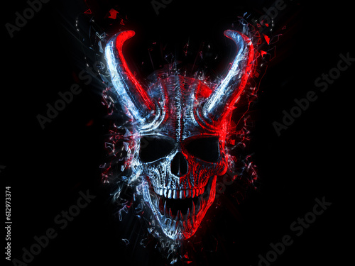 Laughing demon skull in cyber neon style