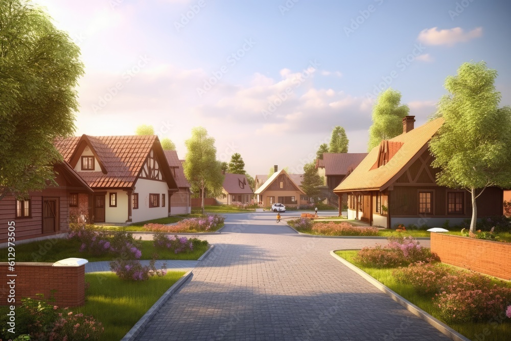 suburban neighborhood with houses and trees. Generative AI suburban neighborhood with houses and trees. Generative AI