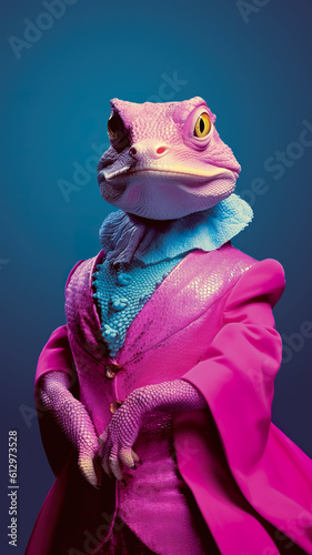 A lizard dressed in a purple coat and a pink cape. Generative AI. photo